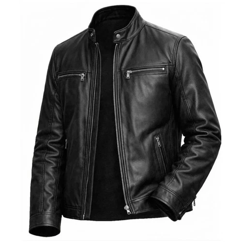 Men Black Real Leather Jacket Classic Cafe Racer Motorcycle Biker Leather Coat - product listing photo