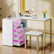 Nail Desk Set with Cushioned Stool Corner Manicure Table w/5 Drawers & LED Light