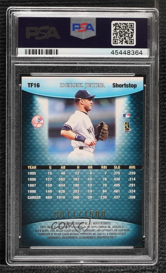 1999 Topps Finest Team Finest Blue /1500 Derek Jeter #TF16 PSA 9 MINT HOF - Image 2 of 2