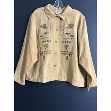 Vintage BonWorth 2 Pc Set Womens XLP Faux Suede Embroidered Jacket Pants Tan
