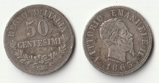 1863 N Italy 50 centesimi silver coin