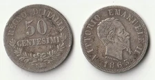 1863 N Italy 50 centesimi silver coin