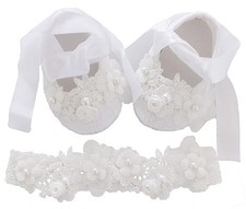 0-18M Baby Girls  Lace Baptism Shoes and Headbnad Set White, Infant, 3 Months 