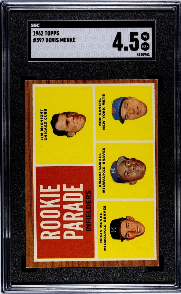 1962 Topps High Number # 597 - Rookie Parade - Denis Menke - SGC 4,5 (en muy buen estado/excelente+) Foto 2 de 3