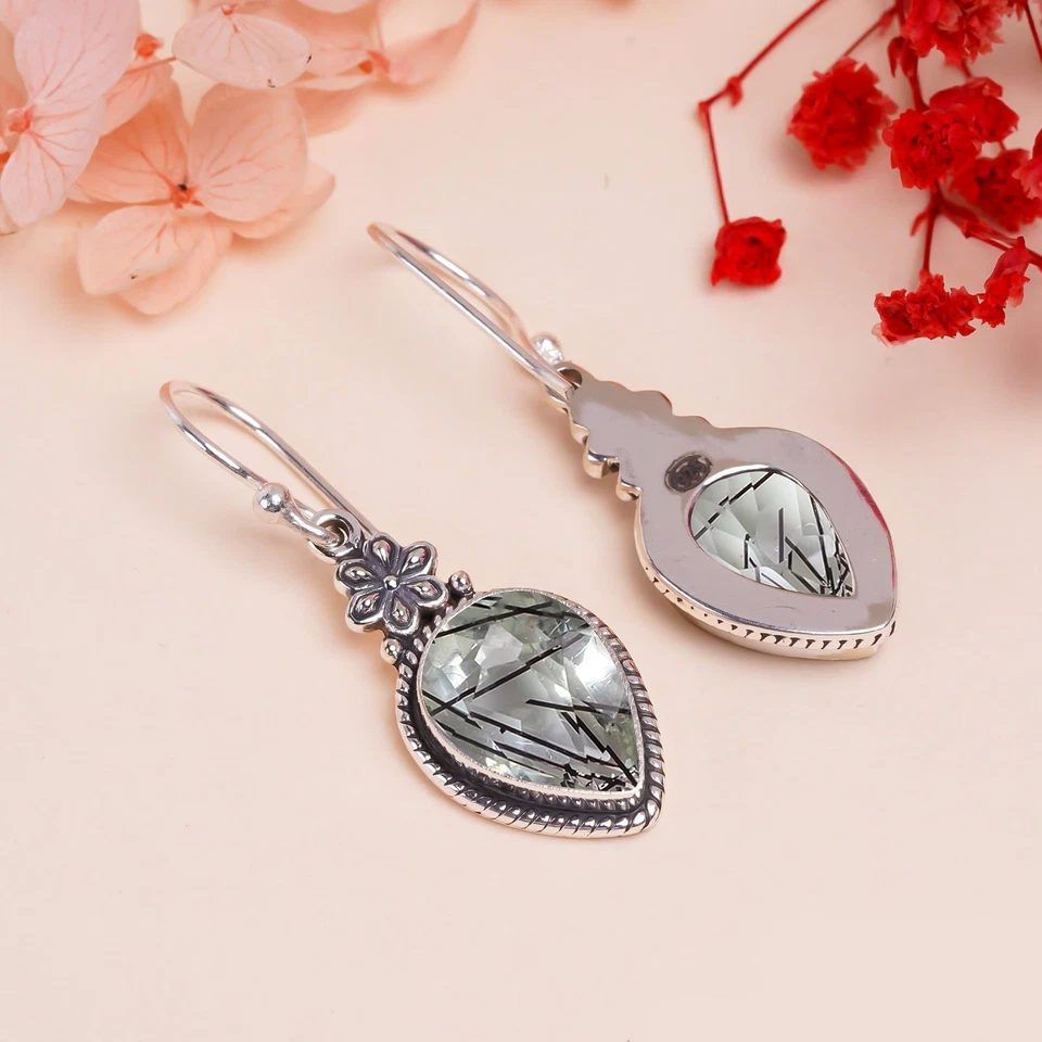 Black Rutilated Quartz Gemstone Handmade 925 Sterling Silver Jewelry Earrings - Image 4 of 4