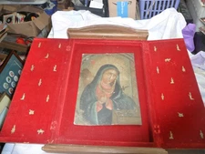 Antique Lady of Sorrows oil painting Retablo in wood altar box w/nichos