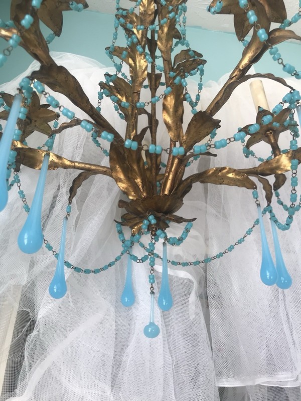 Antique Gold Metal Leaf Chandelier, 6-Light Murano opaline glass drops macaroni 