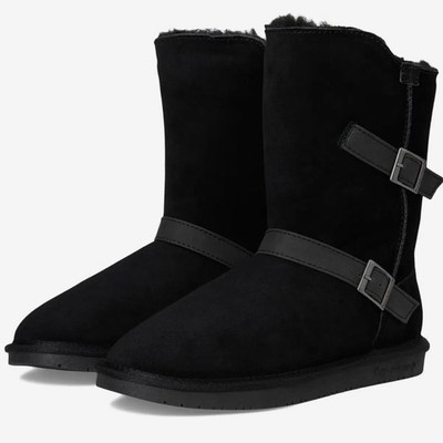 BEARPAW Valerie Women s Black Suede Mid-Calf Boots Faux Fur Lined Pull On Size 6