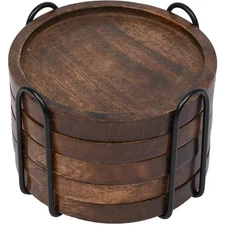 Mango Wood Drink Coasters Set of 5 with Iron Holder Stand Tabletop Protection