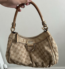 Gucci GG Canvas & Leather Trim Shoulder Bag Beige/Gold Metallic Zip Pockets