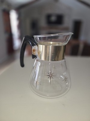 MCM Corning Atomic Star Burst Coffee Pot Carafe 8 Cup Gold Black Heatproof Glass