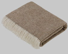 Bronte by Moon Beige/Brown Diamond Herringbone Merino Lambswool Throw Blanket