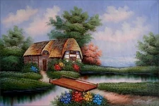 Stretched, Pond Side Cottage XII, Hand Painted Oil Painting 24x36in