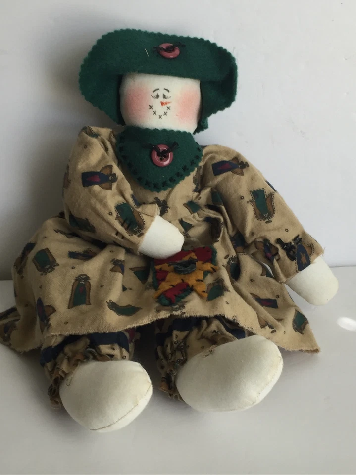 Vestido de franela estilo granja muñeca de tela primitivo - sombrero y bufanda de fieltro 12" de alto Foto 2 de 4
