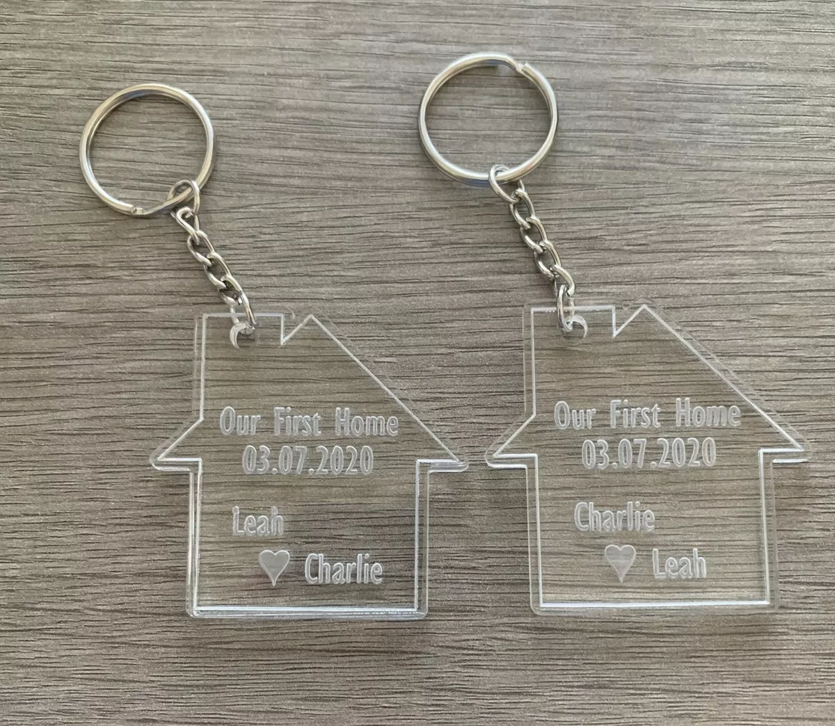 2 x Personalised Keyrings Our First Home Acrylic Gift House