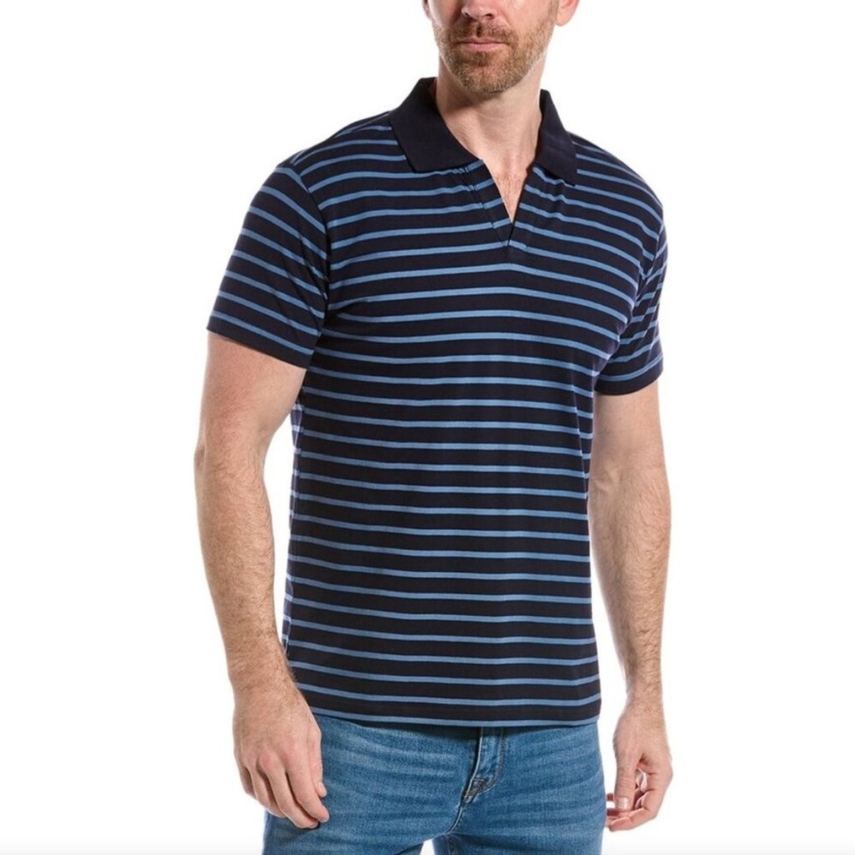 トップス STONE  19SS Cotton Jersey Polo-XL NEW Slate & Stone navy light blue stripe cotton jersey open collar