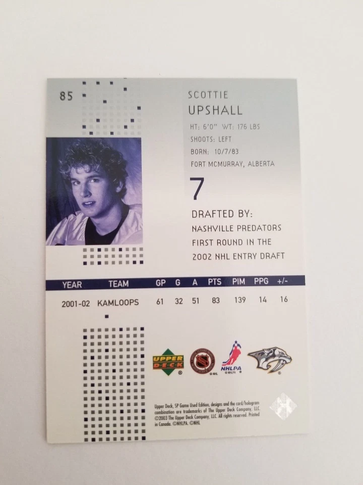 2002-03 SP Game Used /750 Scottie Upshall #85 Rookie RC - Image 2 of 2