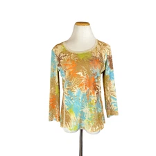 Lior Size M Stretchy Mesh Top 3/4 Sleeve Tropical Palm Tree Print Y2K