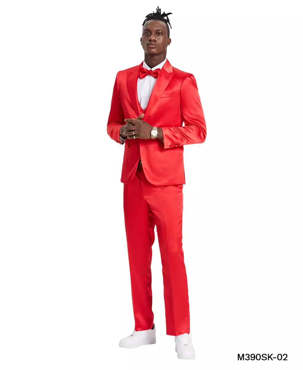 Red Solid Shiny U Shape Vest Mens suit