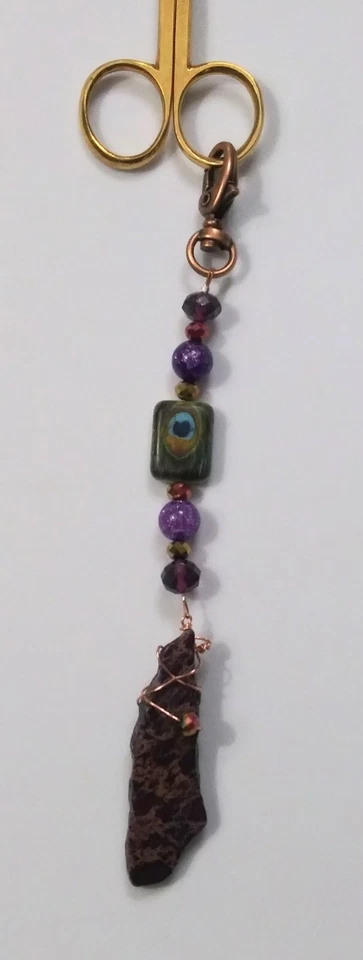 Purple & Copper Peacock Wire Wrap Stone Fob & Gold Plated Embroidery Scissors - Image 2 of 3