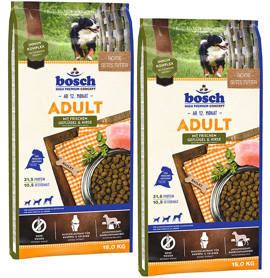 BOSCH 30kg (2x 15kg) Adult Hundefutter Trockenfutter mit Geflügel & Hirse