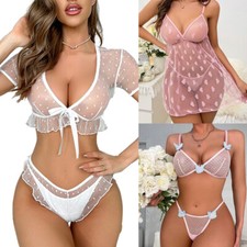 See Through Sheer Lace Sexy Lingerie Dress G-Underwear Babydoll Sleepwear Sets