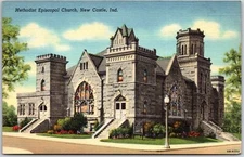 New Castle Indiana IND, Methodist Episcopal Church, Street Corner, Postcard