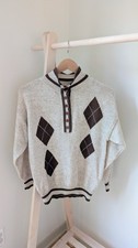 Vintage Geometric Argyle Patterned 1/4 Button Up Collared Sweater In Ivory/Brown