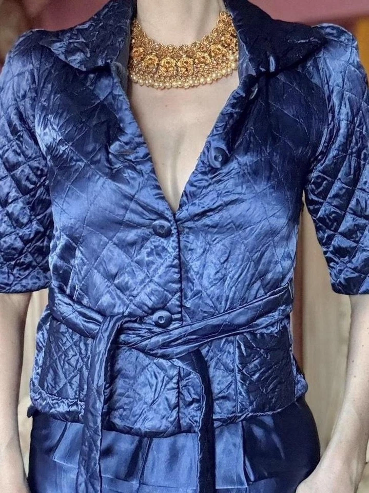 Vintage 1940s Blue Quilted Satin Boudoir Pant Set, Size M - Image 4 of 4