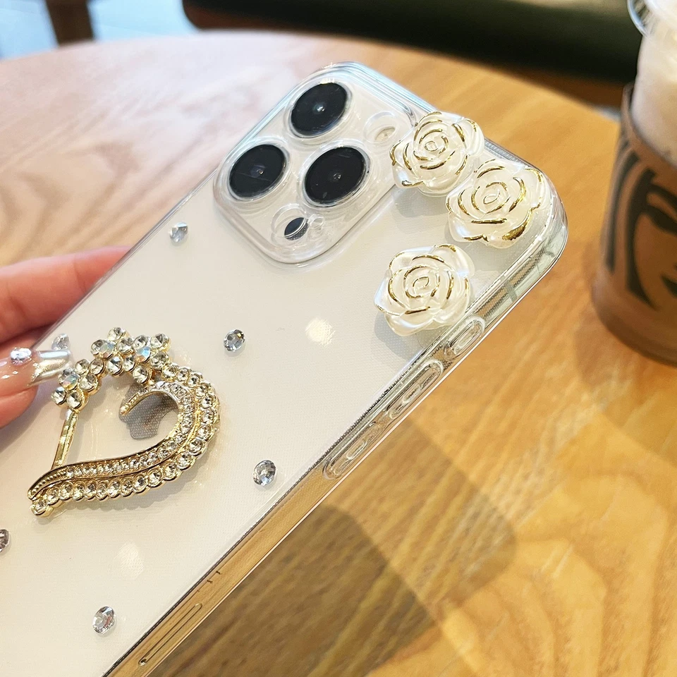 Glitter Diamond Love Rose Case For iPhone Samsung Honor Clear Phone Cover Skin - Image 2 of 4