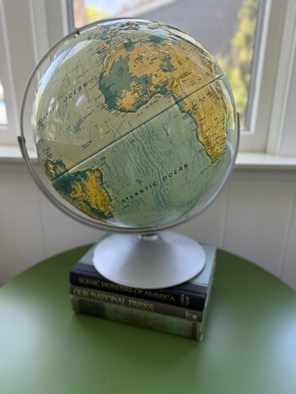 Vintage Nystrom World Globe Sculptural Raised Design 49” Tilt-Axis Metal Stand