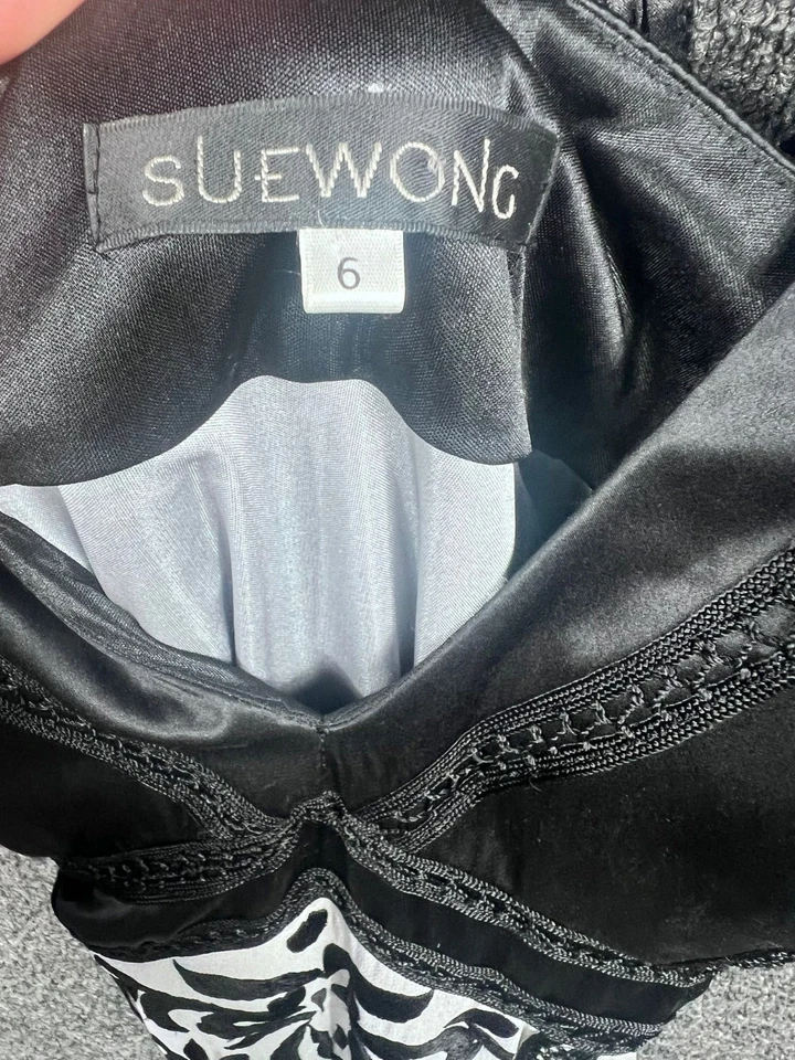 Sue Wong 100% 真丝夜曲连衣裙黑白刺绣紧身女式 6 码 — 第 3/4 张图片