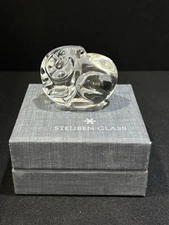 Steuben Crystal Ram Paperweight Hand Cooler with Box