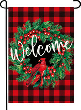 Welcome Christmas Garden Flag 12X18 Inch Double Sided Burlap Red Cardinal Holly
