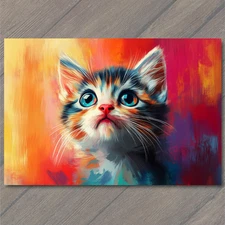 Art Print Sad Wide Eyed Kitten Colorful Whiskers Orange Red Brushstroke Glow