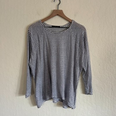 Violeta by Mango 100% Linen 3/4 Sleeve Crewneck Shirt Large Blue White Stripes