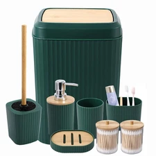 Green Bathroom Accessories Set, 8 Pieces Bamboo Bathroom Set with Trash Can, ...