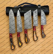 Handmade Damascus Chef set Of 5pcs With Leather, Damascus Knife Set Gift for him