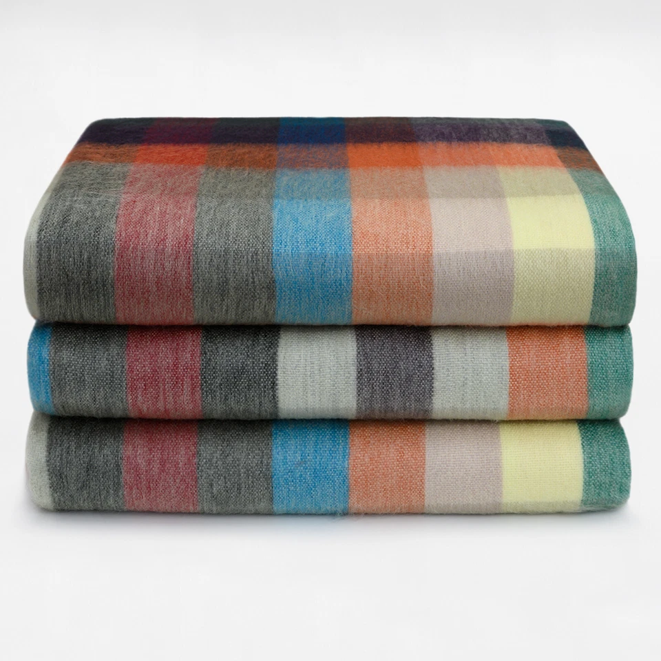 COZY CHECKER ALPACA WOOL BLANKET 96" x 66" MULTICOLOR PLAID IN ORANGE BLUE BROWN - Image 3 of 4