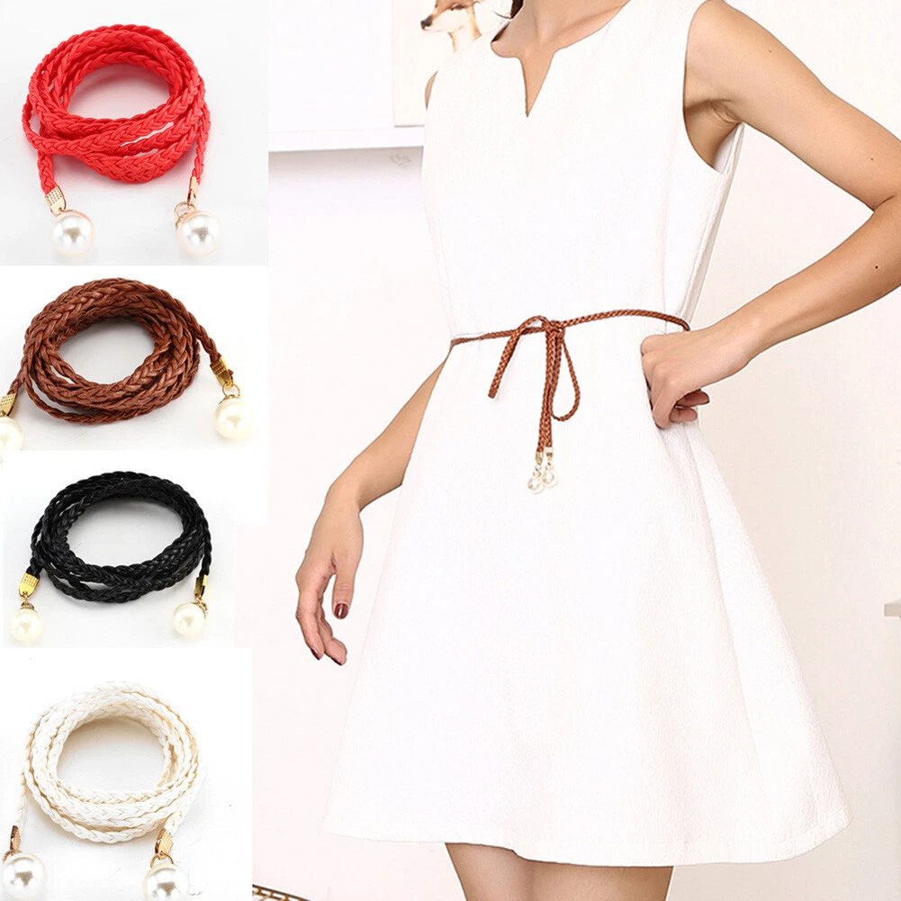 Pearl Braided Belt Women Thin Waist Rope Fashion Self Tie Belt Dress Belts  Chain