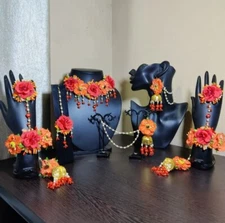 Women fashion flower  earrings tika bracelets necklace haldi mehandi babyshower