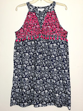 Anthropologie THML Dress Medium Sleeveless Embroidered Navy Floral Pink Tassel