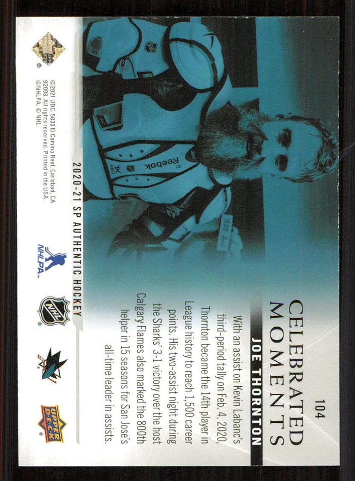 2020-21 SP Authentic #104 Joe Thornton CM - Image 2 of 2