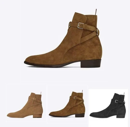British Men Casual Pointy Toe Buckle Real Leather Suede Ankle Chelsea Boot Shoes - Picture 10 of 17