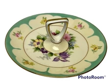 VTG Shabby Chic Cottage Floral Round w/ Handle Tid Bit Serving Tray Decor Japan