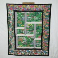 VTG 1960s 70s QUILTED BLANKET FLOWERS GARDEN SCENES 56" by 45 1/2"