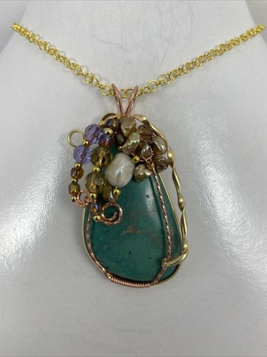 Handmade Copper Wire Wrap 1 1/2" x 2 1/2" Turquoise Pendant #261 & 18" Chain - Picture 6 of 6