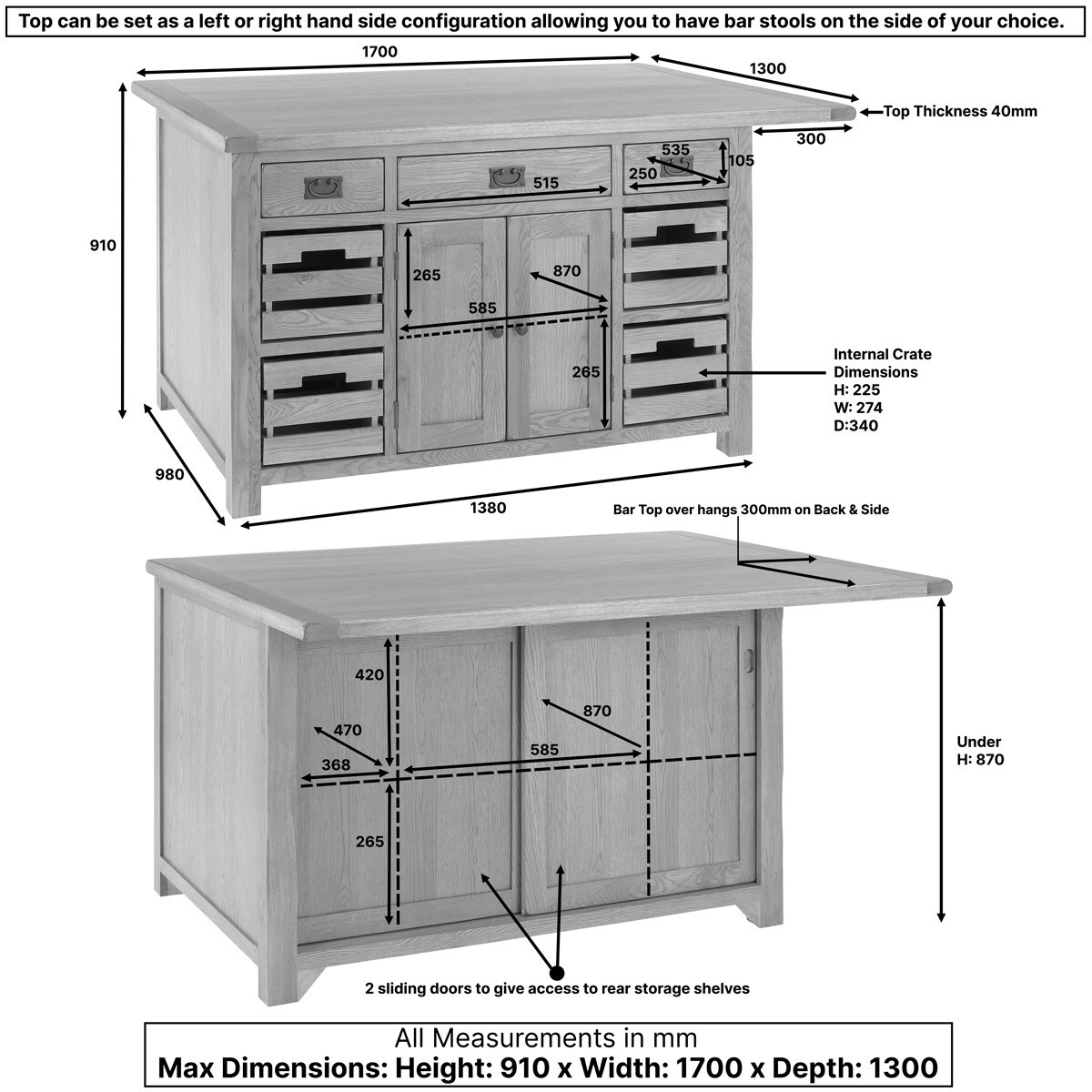 Rustic Oak Extra Large Kitchen Island with Bar Top (5 Seater) RS90 eBay
