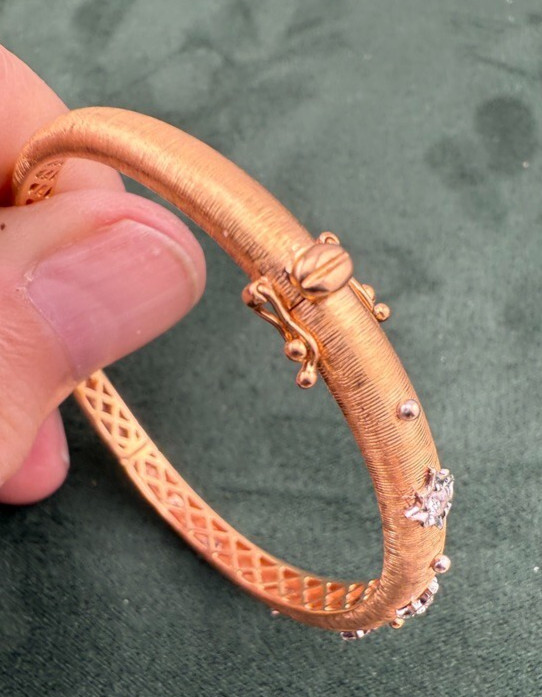 18k Solid Gold Open Bangle Cuff Diamond Bracelet … - image 4