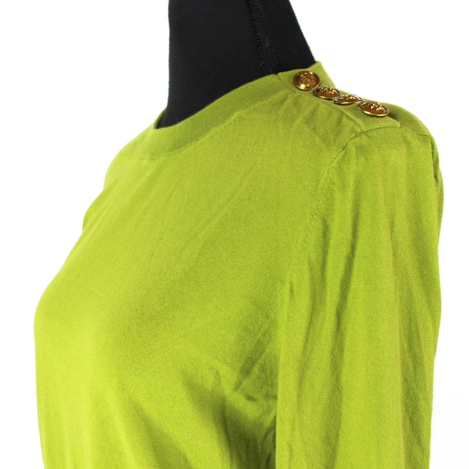 Suéter Tejido Tory Burch Verde Dorado Logo Botón Hombro Mangas Largas Cuello Redondo S Foto 3 de 4